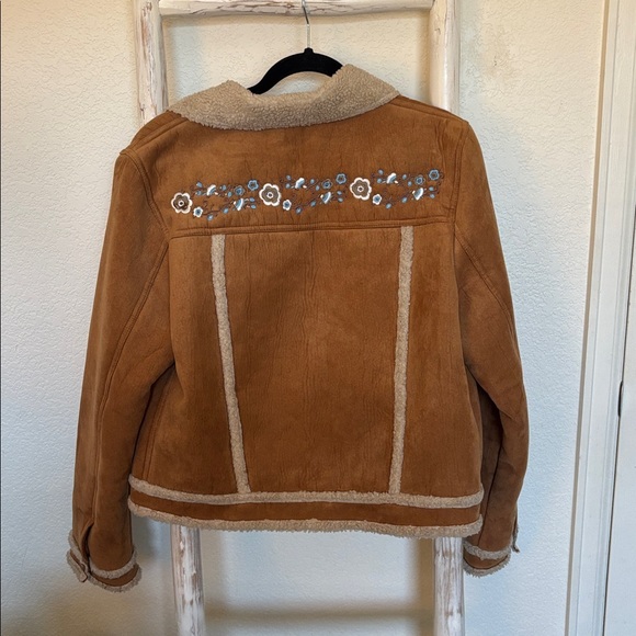 Vintage Anthro Paparazzi Tan Teddy Jacket with Floral Embroidery Vegan Suede XL - Picture 6 of 9